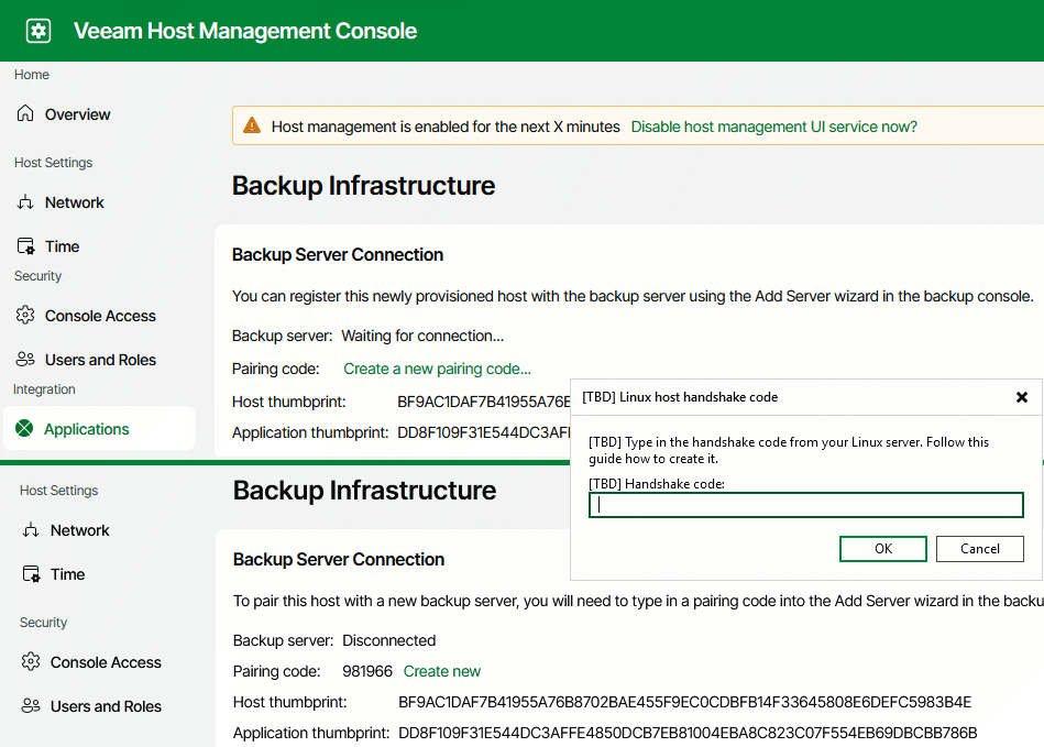 Veeam Host Management Console - Backup Server Connection -pairing code