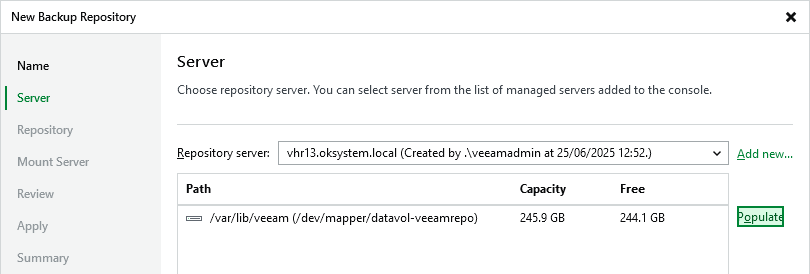 Veeam Backup & Replication 13 - Add Backup Repository - Server