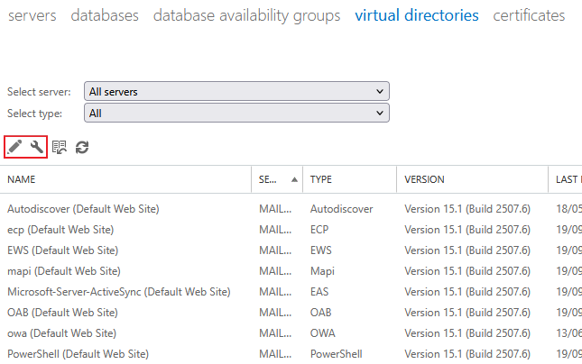 Exchange admin center - Servers - Virtual Directories