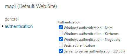 Exchange admin center - Virtual Directories - MAPI Authentication