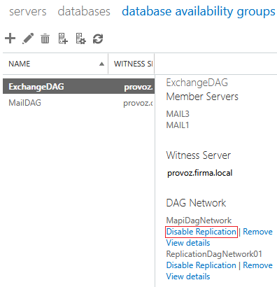 Exchange admin center - Servers - DAG - Disable Replication Exchange admin center - Servers - DAG - Disable Replication