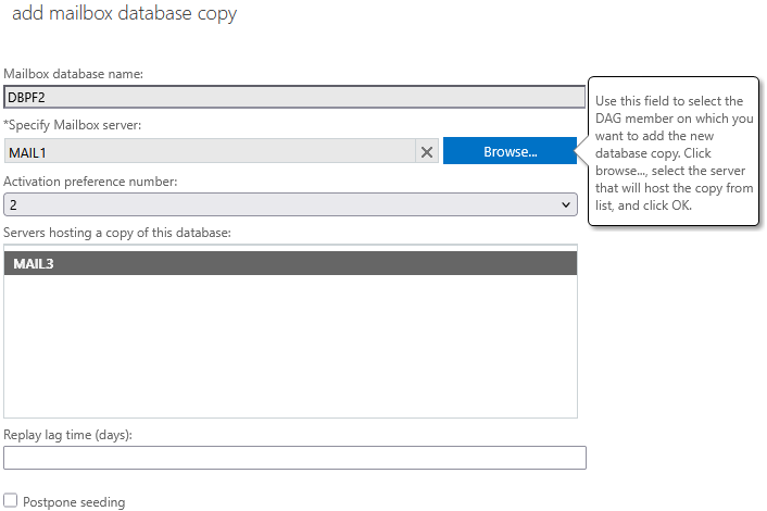 Exchange admin center - Servers - Databases - Add database copy Exchange admin center - Servers - Databases - Add database copy