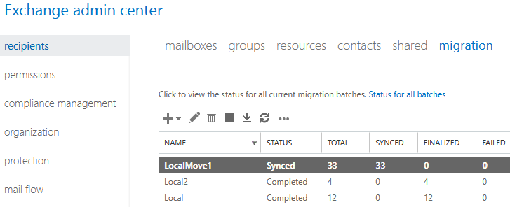 Exchange admin center - Recipients - Migration