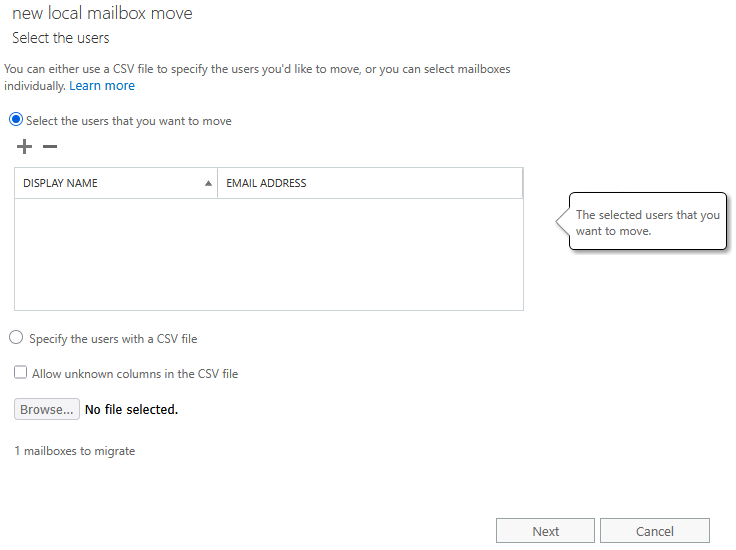Exchange admin center - New local mailbox move
