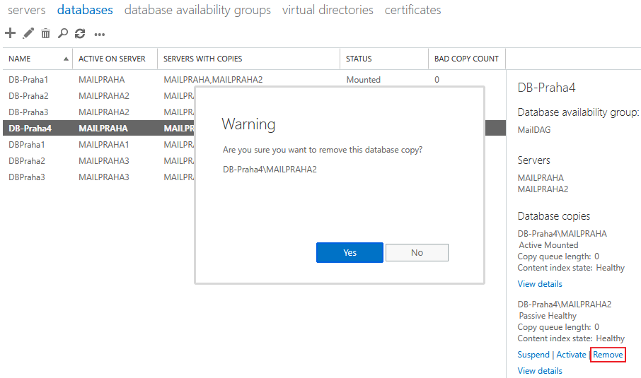 Exchange admin center - Servers - Databases - Remove Database Copy