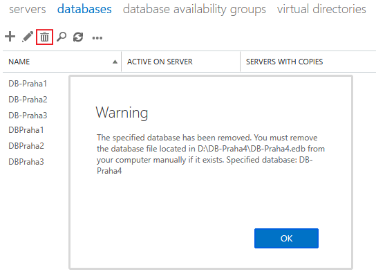 Exchange admin center - Servers - Databases - Delete Database