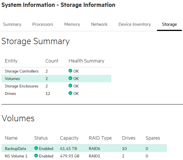 HPE iLO 6 - System Information - Storage