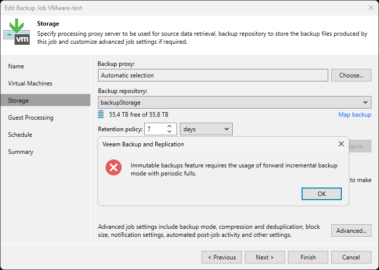 Veeam Backup & Replication - Backup Job - Storage and Immutable backup