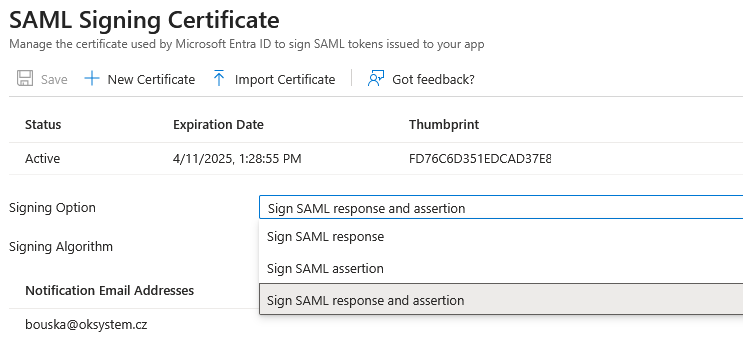 Entra ID - Enterprise application - SAML Signing Certificate