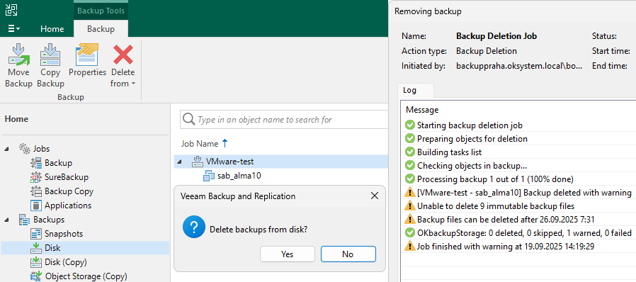 Veeam Backup & Replication - Delete backups from disk - Immutability