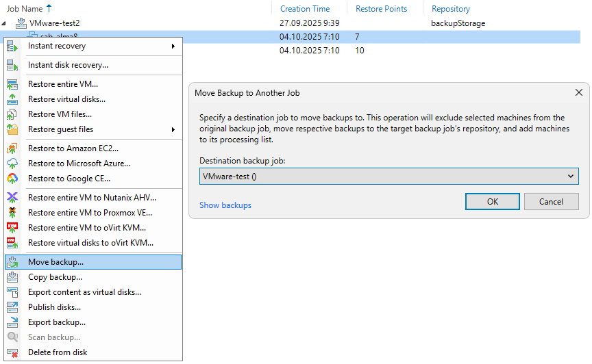 Veeam Backup & Replication - Backups - Move backup to Another Job 