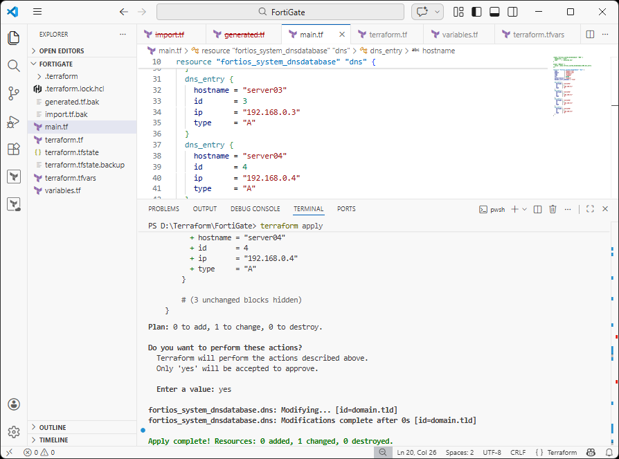 Visual Studio Code - Terraform project - FortiGate DNS Entry