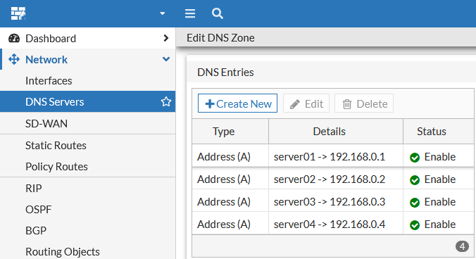 FortiGate 7.4 - DNS Servers - DNS Zone entries