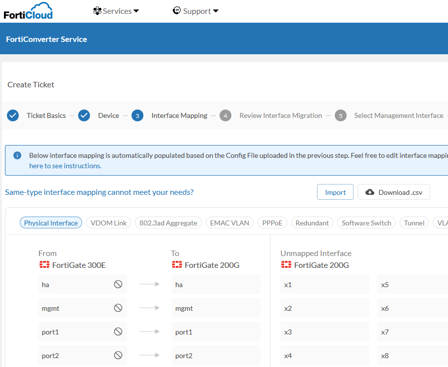 FortiConverter Service Portal - Create Ticket - Interface Mapping