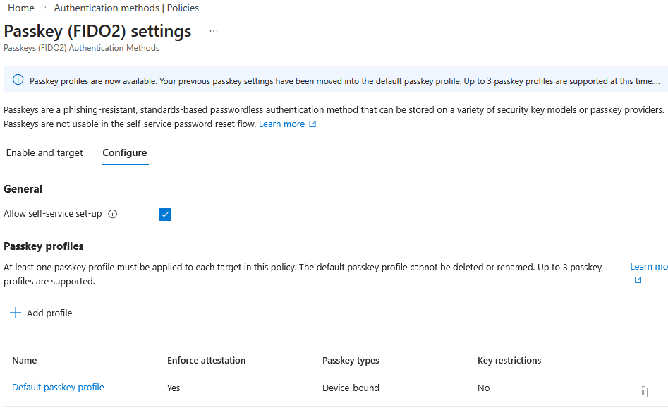 Entra ID - Authentication methods - Passkey (FIDO2) - Configure