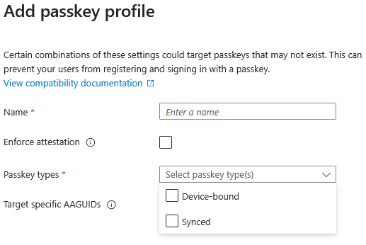 Entra ID - Authentication methods - Add passkey profile