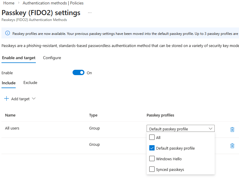 Entra ID - Authentication methods - Passkey (FIDO2) Enable and Target