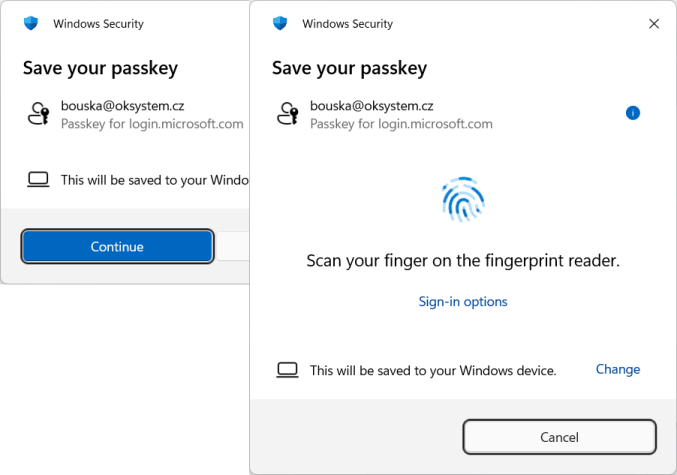 Windows Security - Save your passkey - Windows (Hello) device