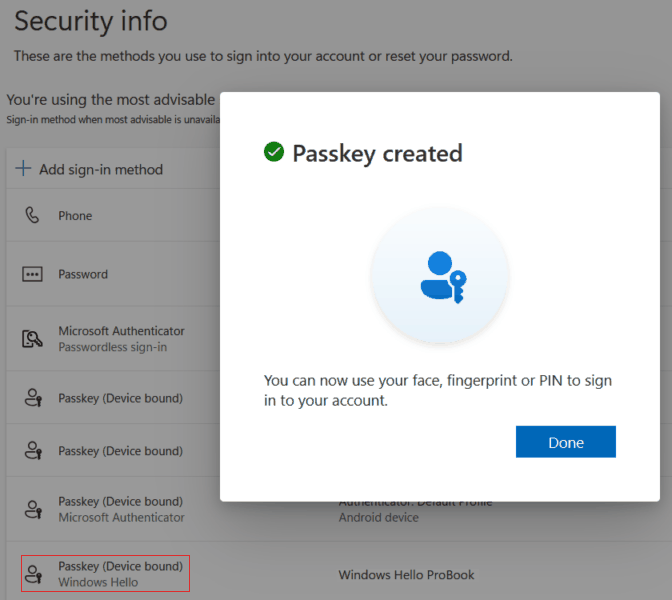 Microsoft Security Info - Passkey created (Windows Hello)