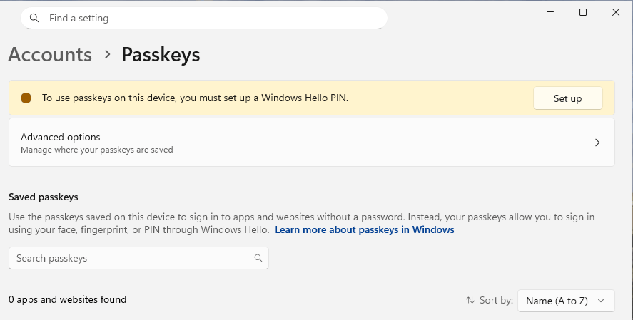 Windows Settings - Passkeys - set up Windows Hello PIN