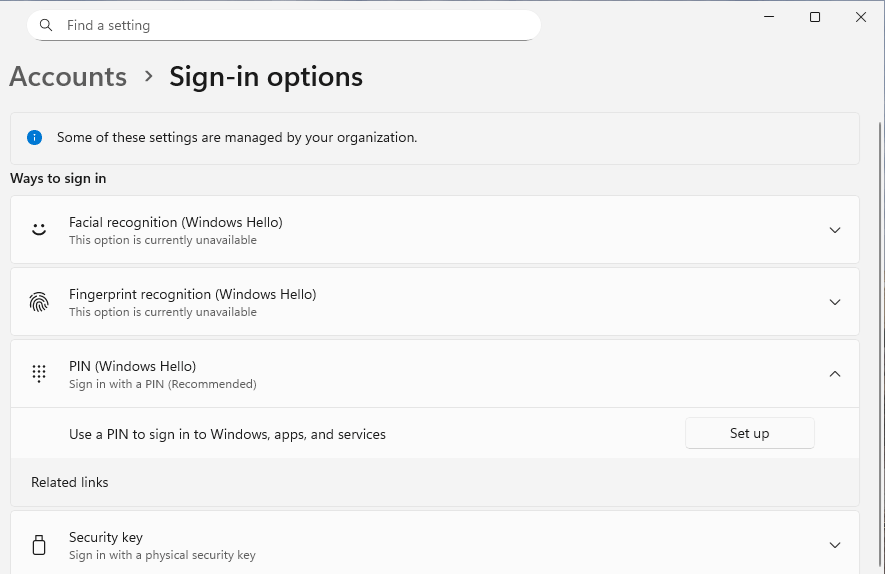 Windows Settings - Accounts - Sign-in options - Windows Hello