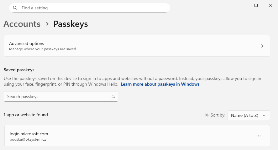 Windows Settings - Accounts - Passkeys list