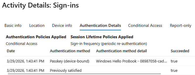Entra ID Sign-in logs - Authentication Details (Windows Hello)