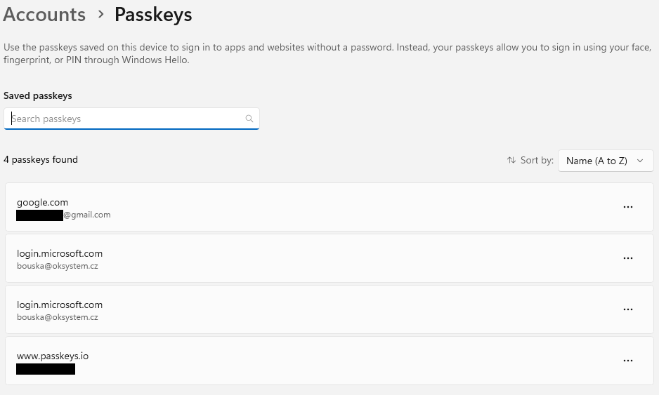 Windows 11 - Settings - Accounts - Passkeys list