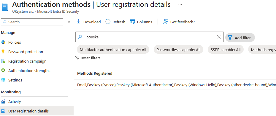 Entra ID - Authentication methods - User registration details