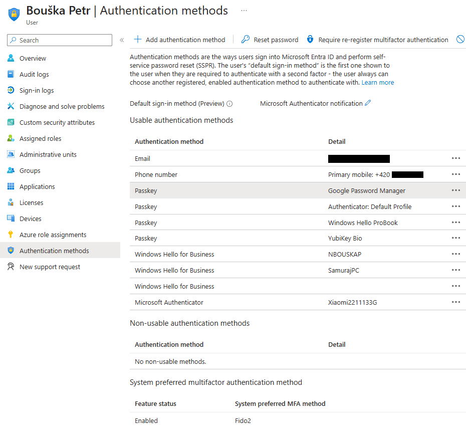Entra ID - Users - Authentication methods list
