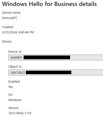Entra ID - Users - Authentication methods - Windows Hello detail