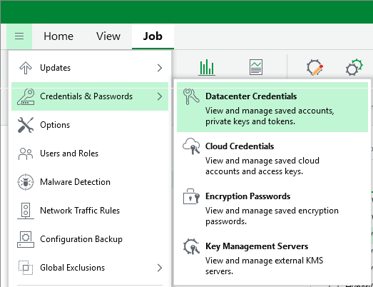 Veeam Backup & Replication - Main menu - Datacenter Credentials