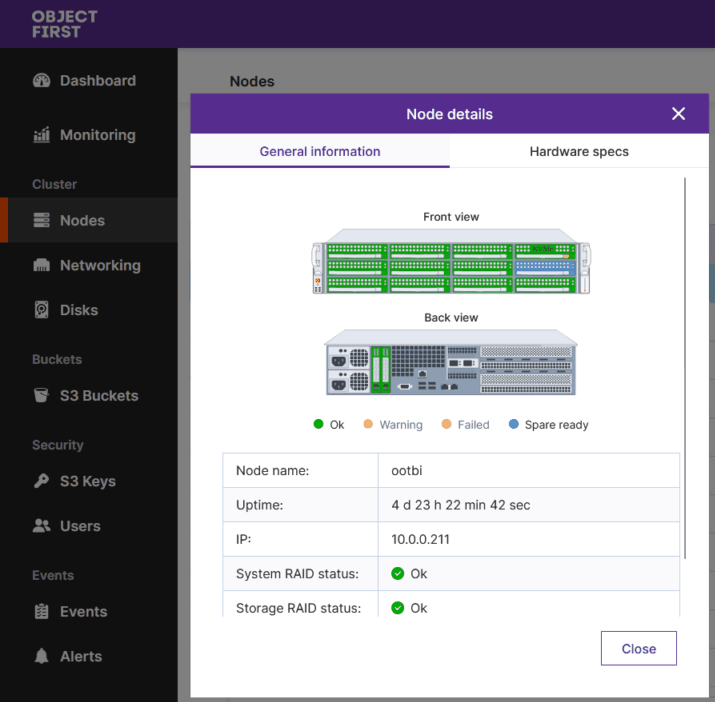 ObjectFirst S3 Web UI - Node detail HW
