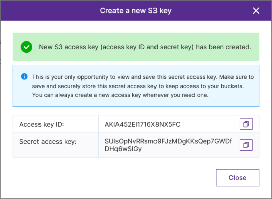 ObjectFirst S3 Web UI - Create a new S3 key
