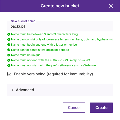 ObjectFirst S3 Web UI - Create new bucket